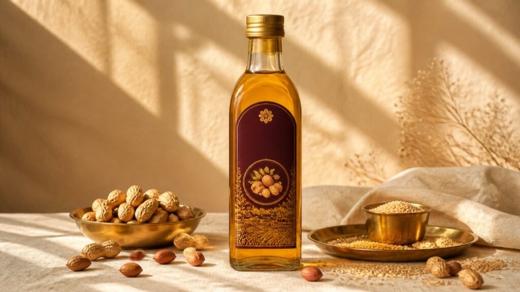 Heritage cold-pressed groundnut oil bottle with a maroon and gold label