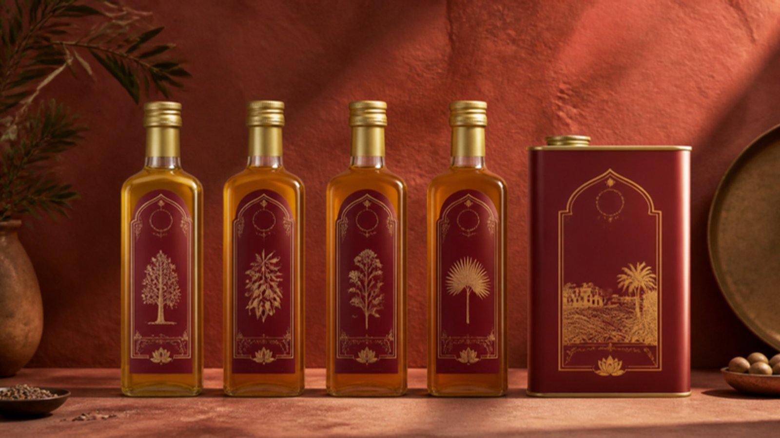 Range of maroon and gold oil bottles and tin