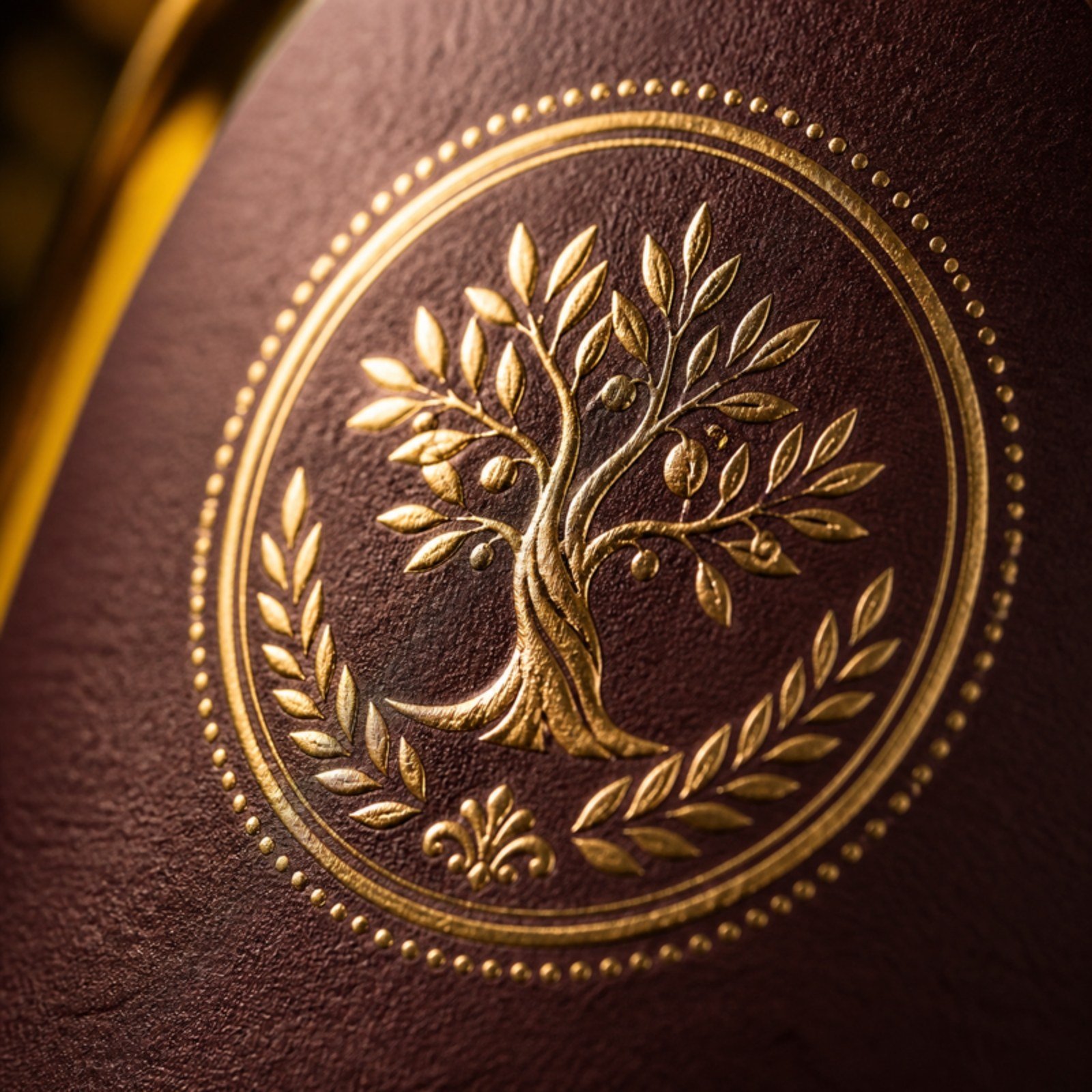 Gold foil emblem detail on maroon label