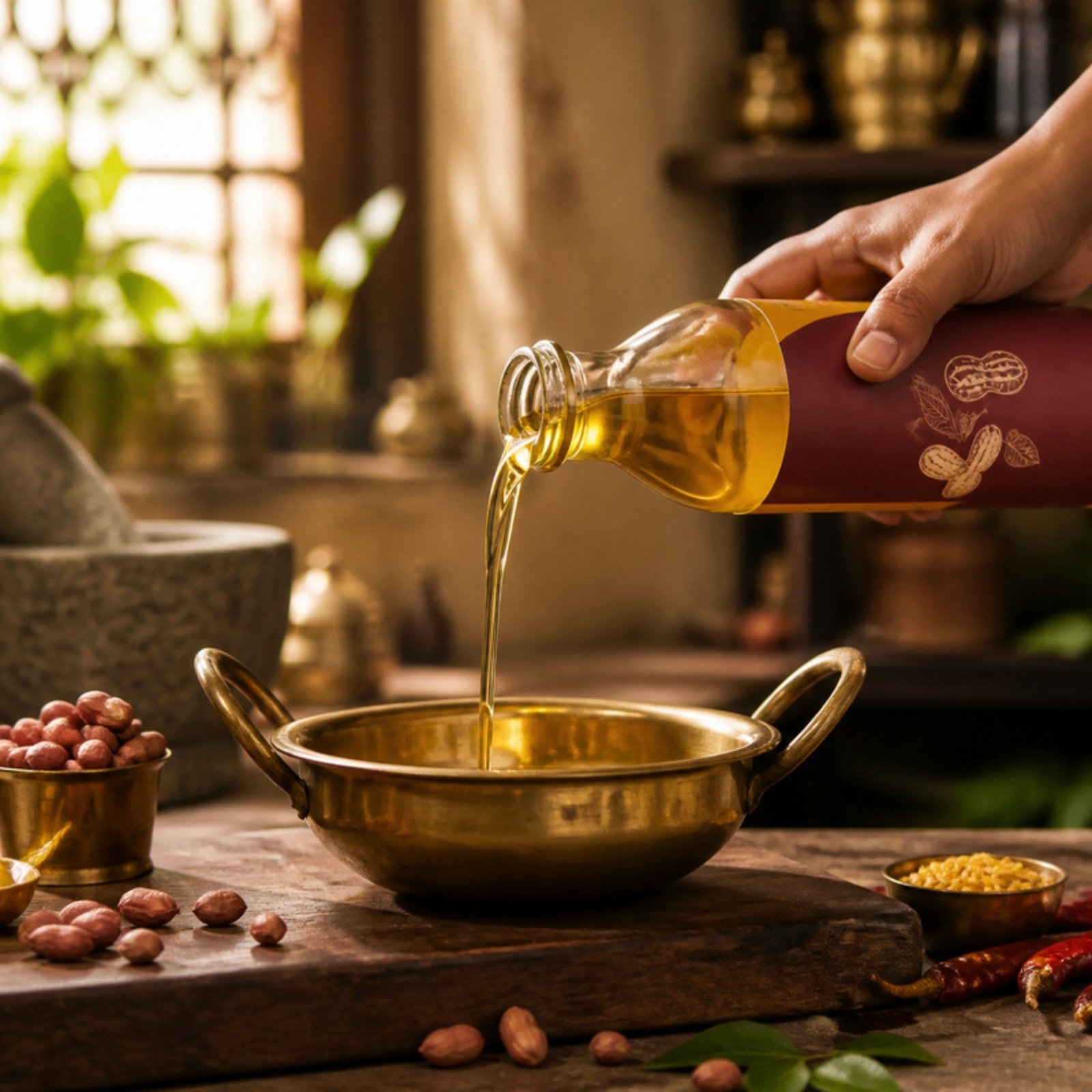 Oil being poured into a brass vessel