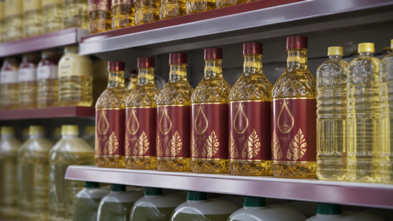 Maroon oil bottles standing out on a supermarket shelf