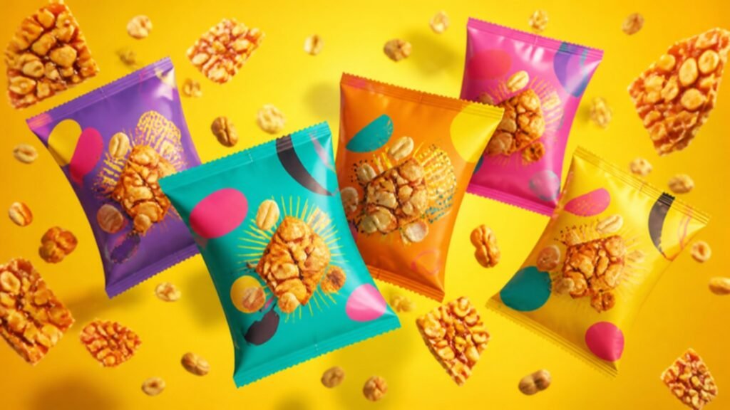 Colourful peanut candy pouches flying on yellow