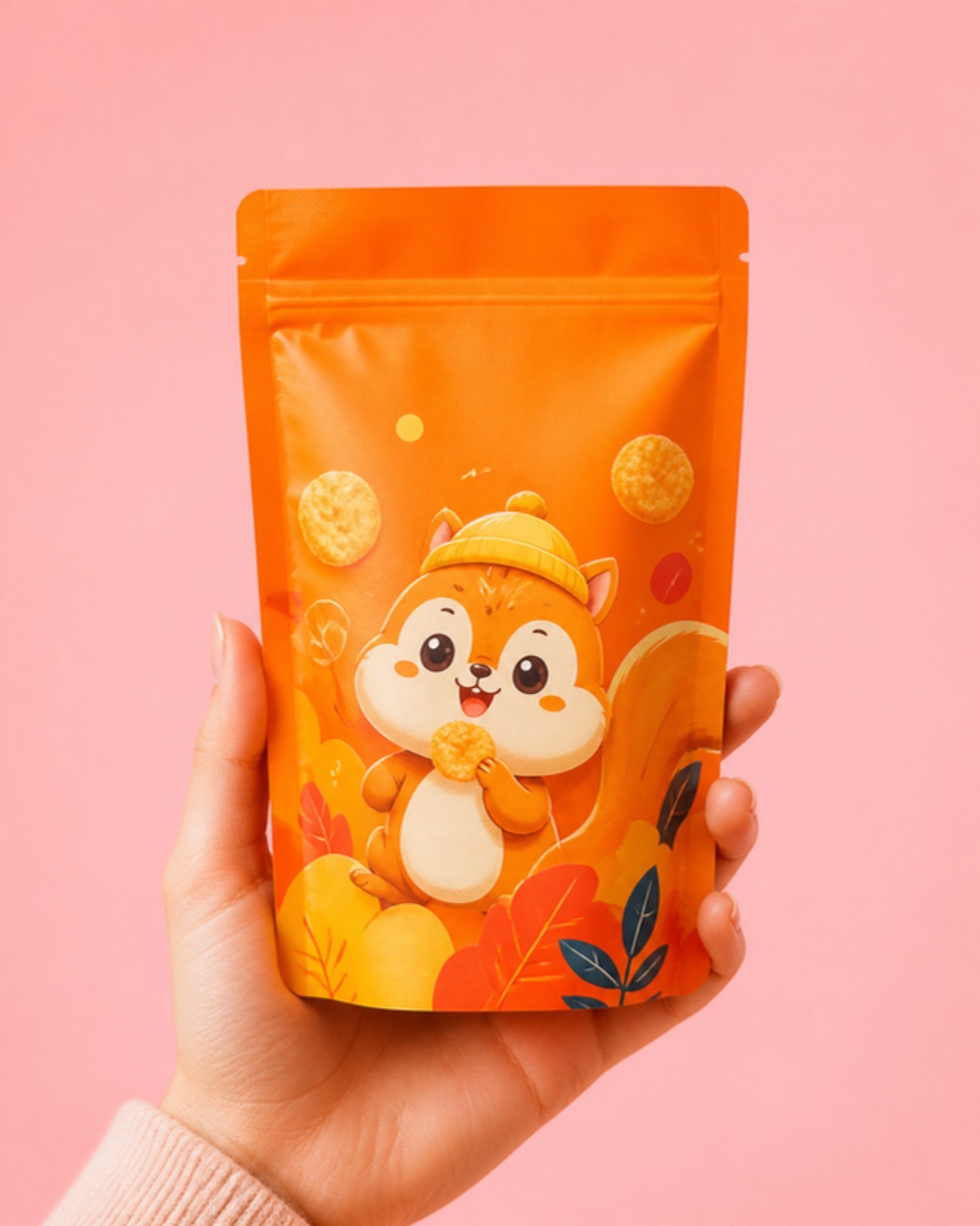 Hand holding an orange snack pouch with a mascot