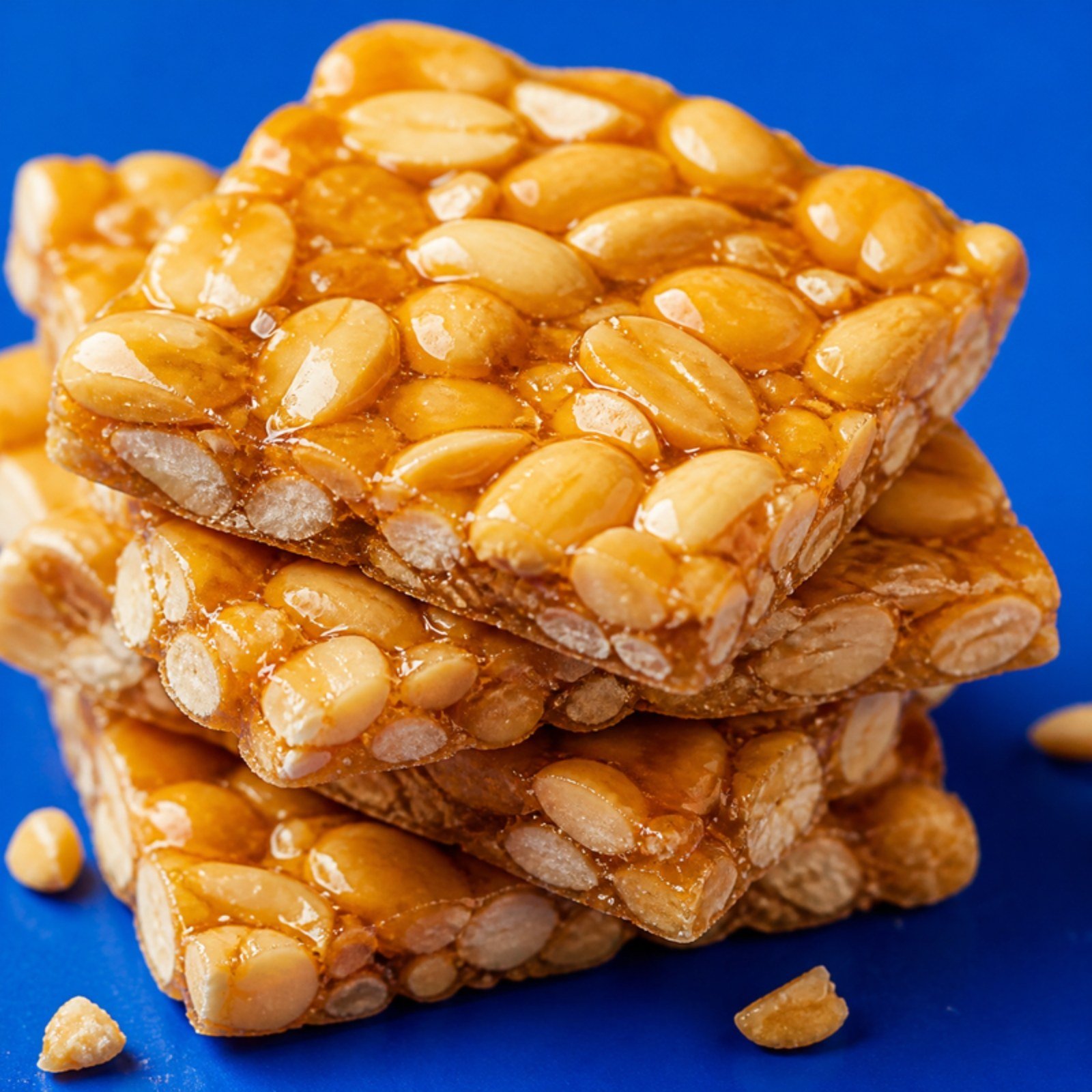Stacked peanut brittle on blue