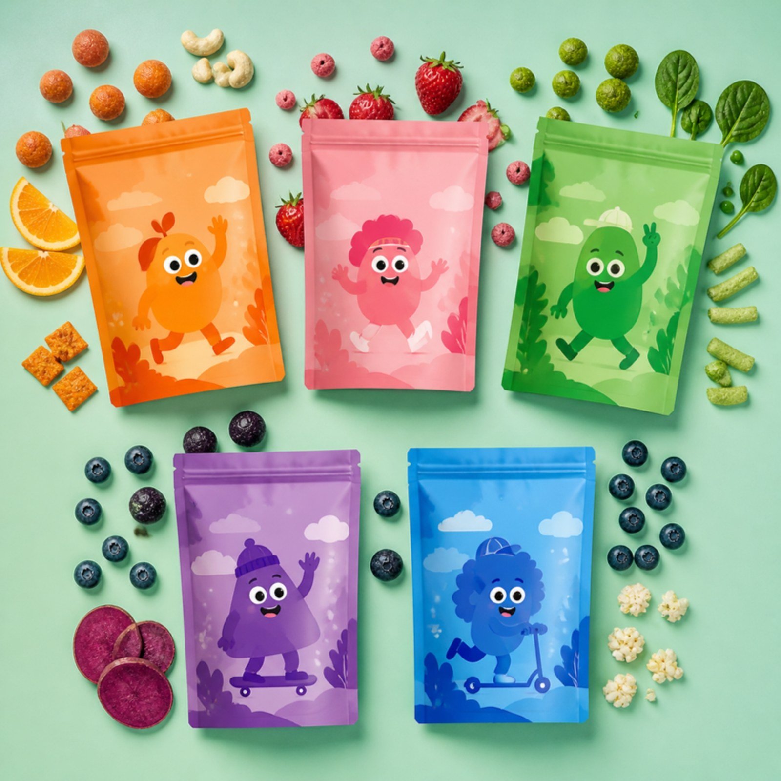 Colour-coded snack pouch range flat lay