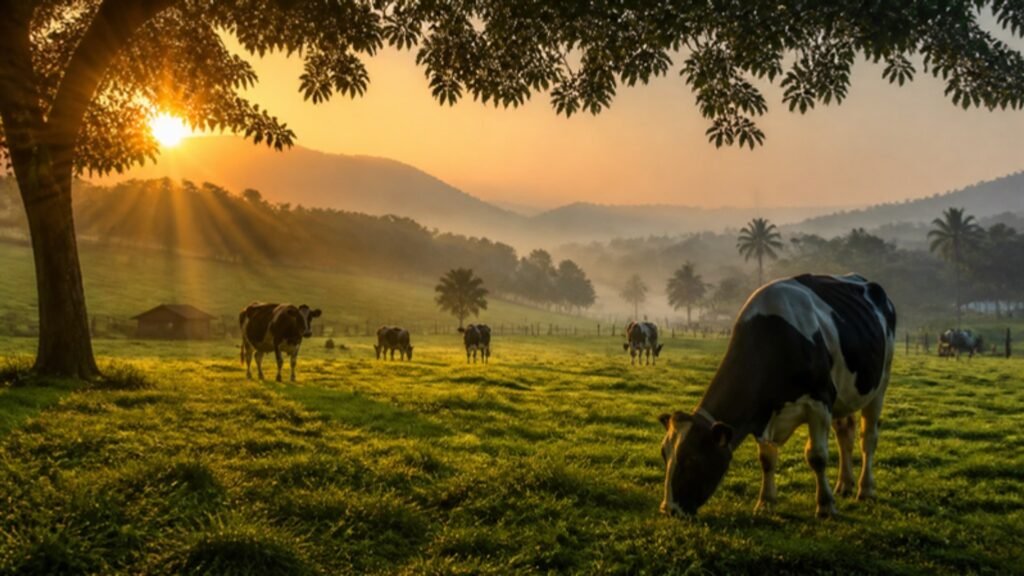 Dairy farm with cows at sunrise