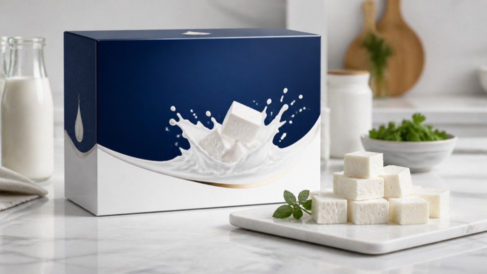 Navy paneer box on a marble counter