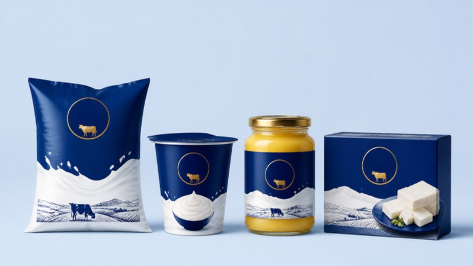 Navy and white dairy product range