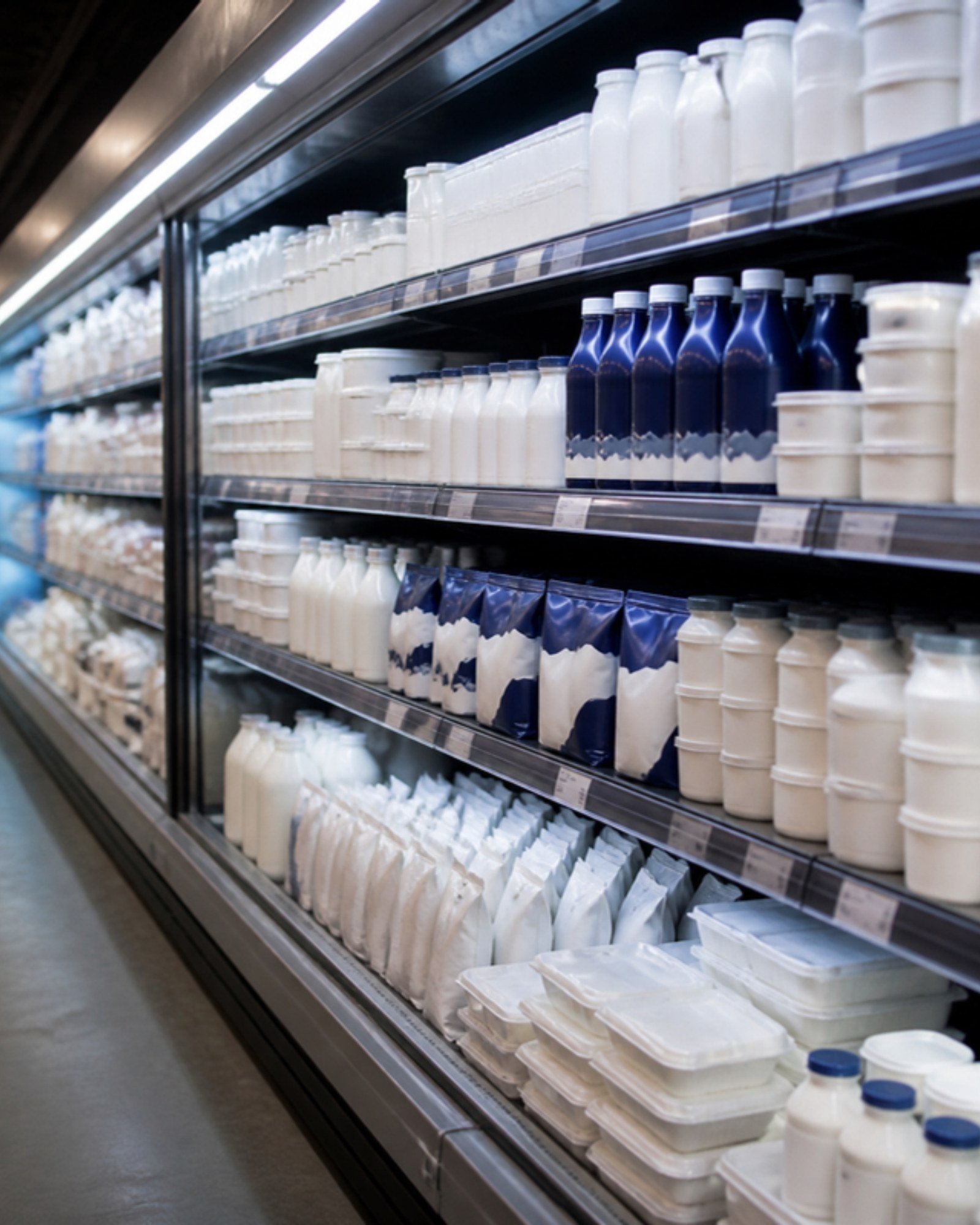 Navy dairy packs standing out in a chiller cabinet