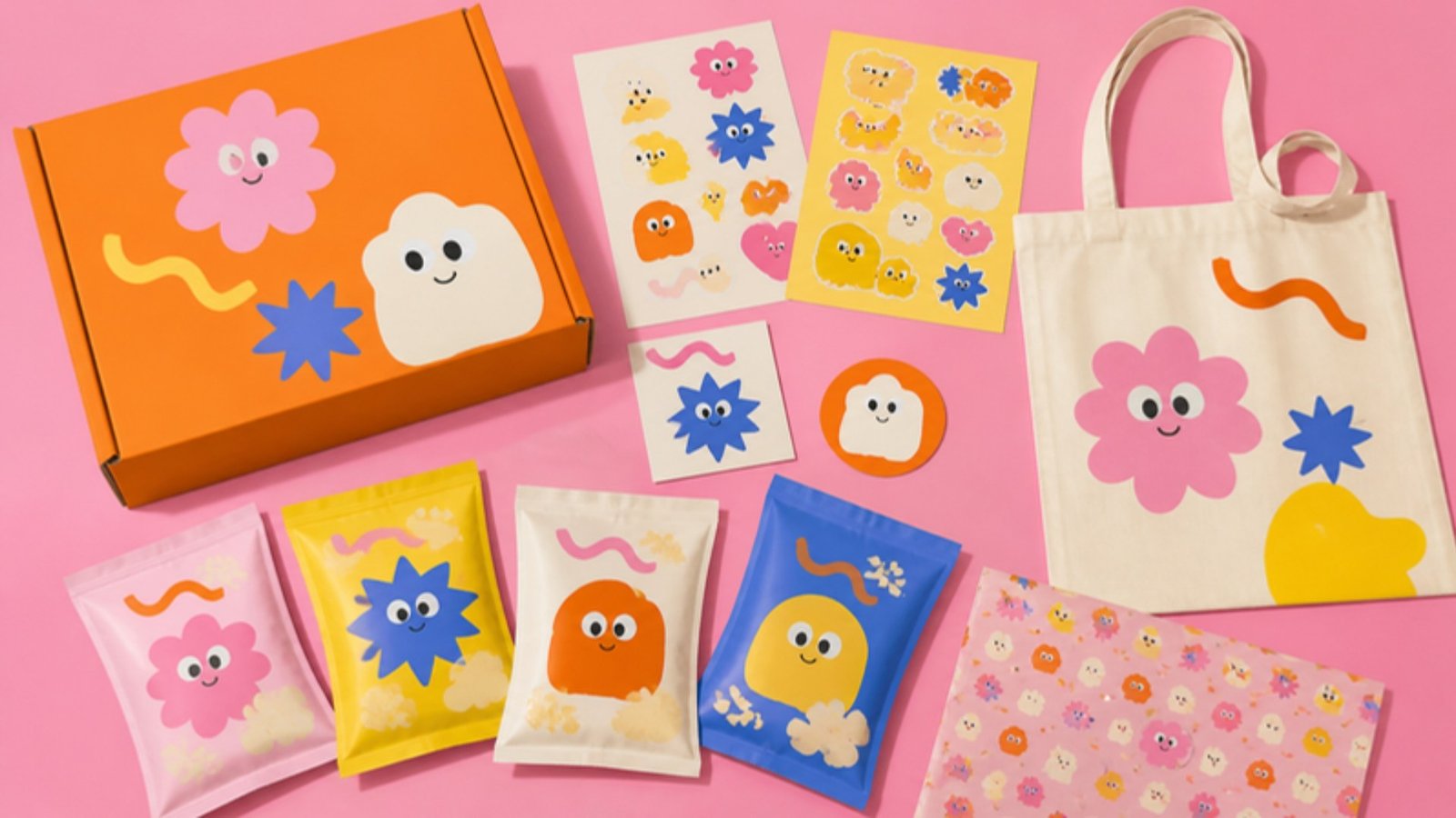 Playful snack brand identity flat lay