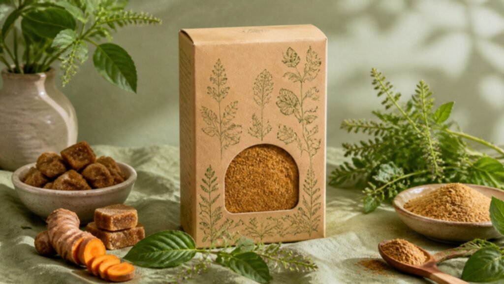 Kraft herbal jaggery box with botanical illustrations