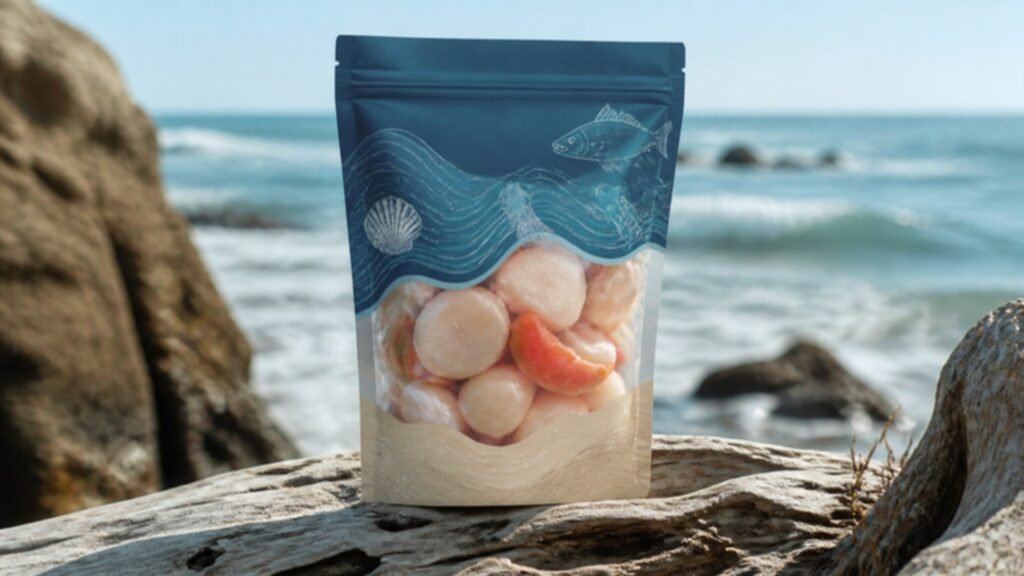 Seafood pouch on driftwood by the sea