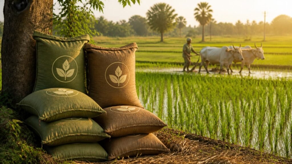 Organic fertiliser sacks beside a paddy field