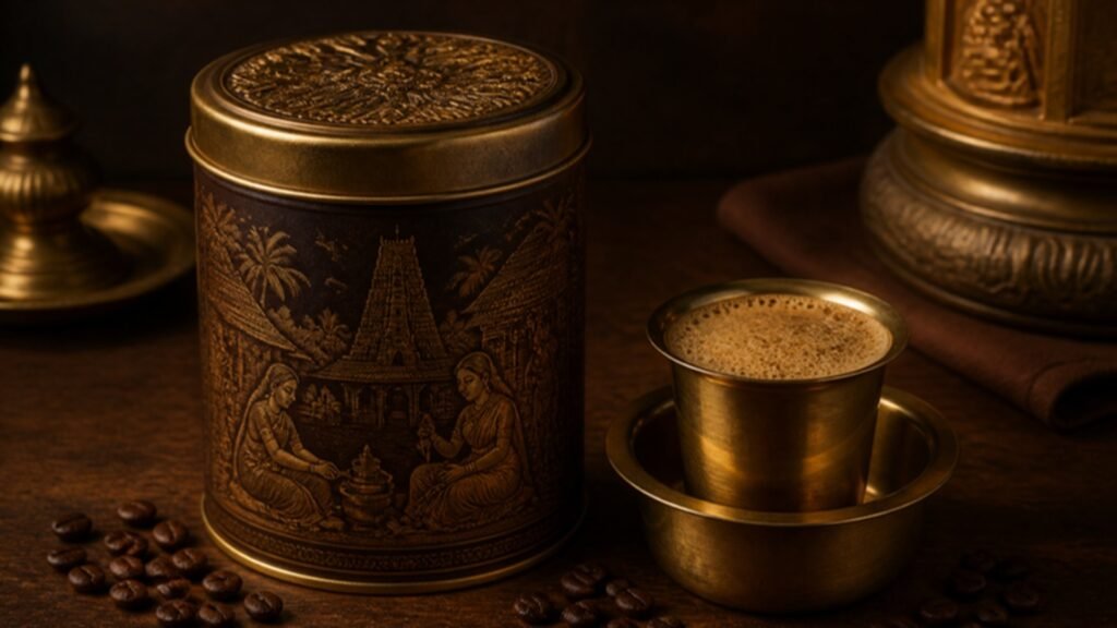 Collectible filter coffee tin with a brass tumbler