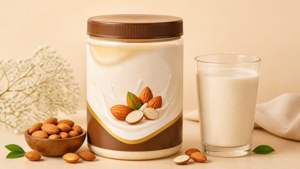 Almond drink mix jar with a glass of almond milk